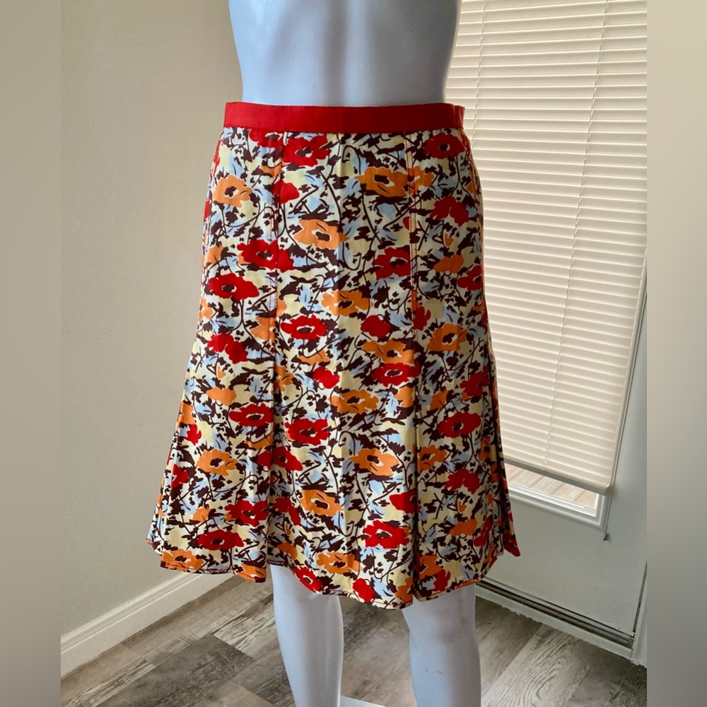 City DKNY Red Orange Floral Print Pleated Skirt Sz 12